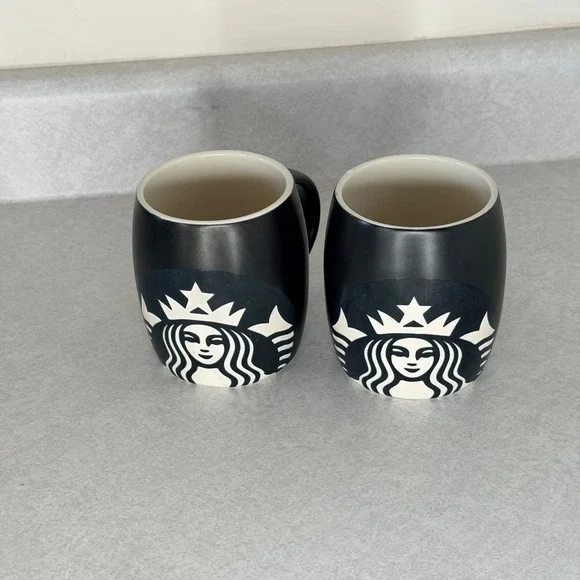 Starbucks 2011 Matte Black Siren Logo Barrel Mug Set of 2 Ceramic 12oz 4in - Picture 3 of 6